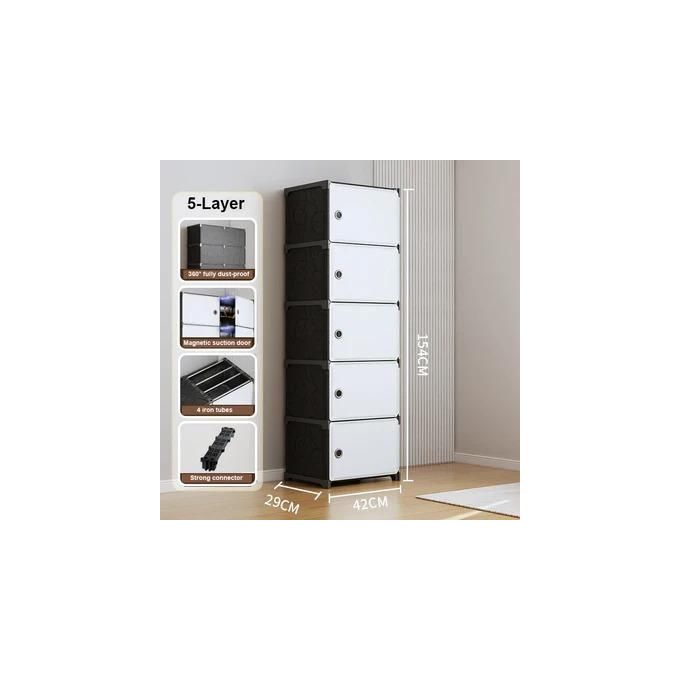 Armoire de rangement 5 tiroirs plastique noir et blanc, modulable et assemblable sans outils.