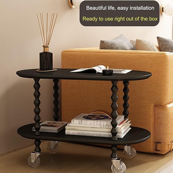 Table Basse Vintage Mobile en Bois Dur avec Rangement à Deux Niveaux