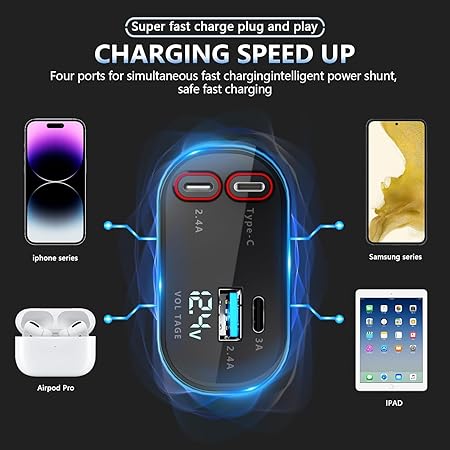 Chargeur de Voiture Rétractable 4-en-1  120W avec Câbles Lightning & USB-C