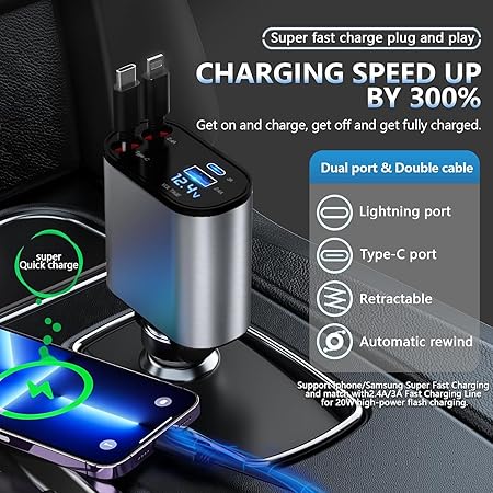 Chargeur de Voiture Rétractable 4-en-1  120W avec Câbles Lightning & USB-C