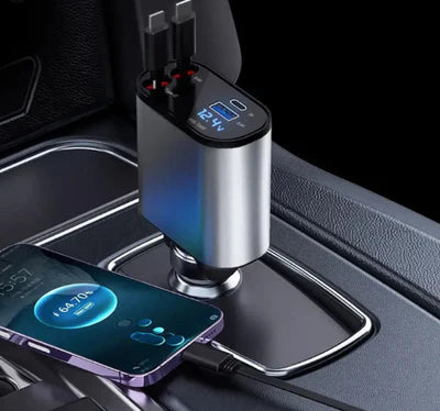 Chargeur de Voiture Rétractable 4-en-1  120W avec Câbles Lightning & USB-C