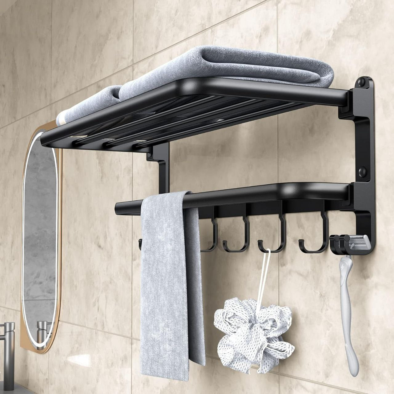 Porte-serviettes mural en aluminium noir mat avec étagère et 7 crochets