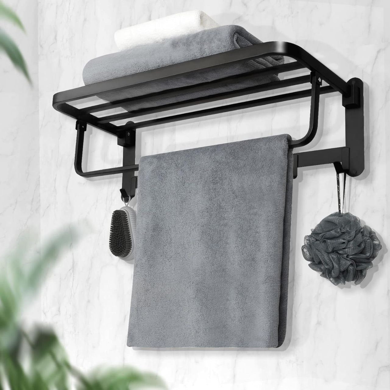 Porte-serviettes mural en aluminium noir mat avec étagère et 7 crochets