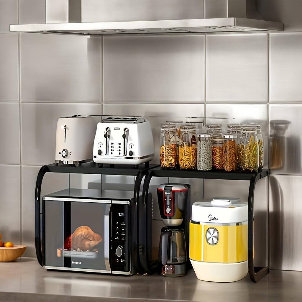Support 2 niveaux pour four & micro-ondes – étagère de comptoir en métal robuste avec espace en L (noir)