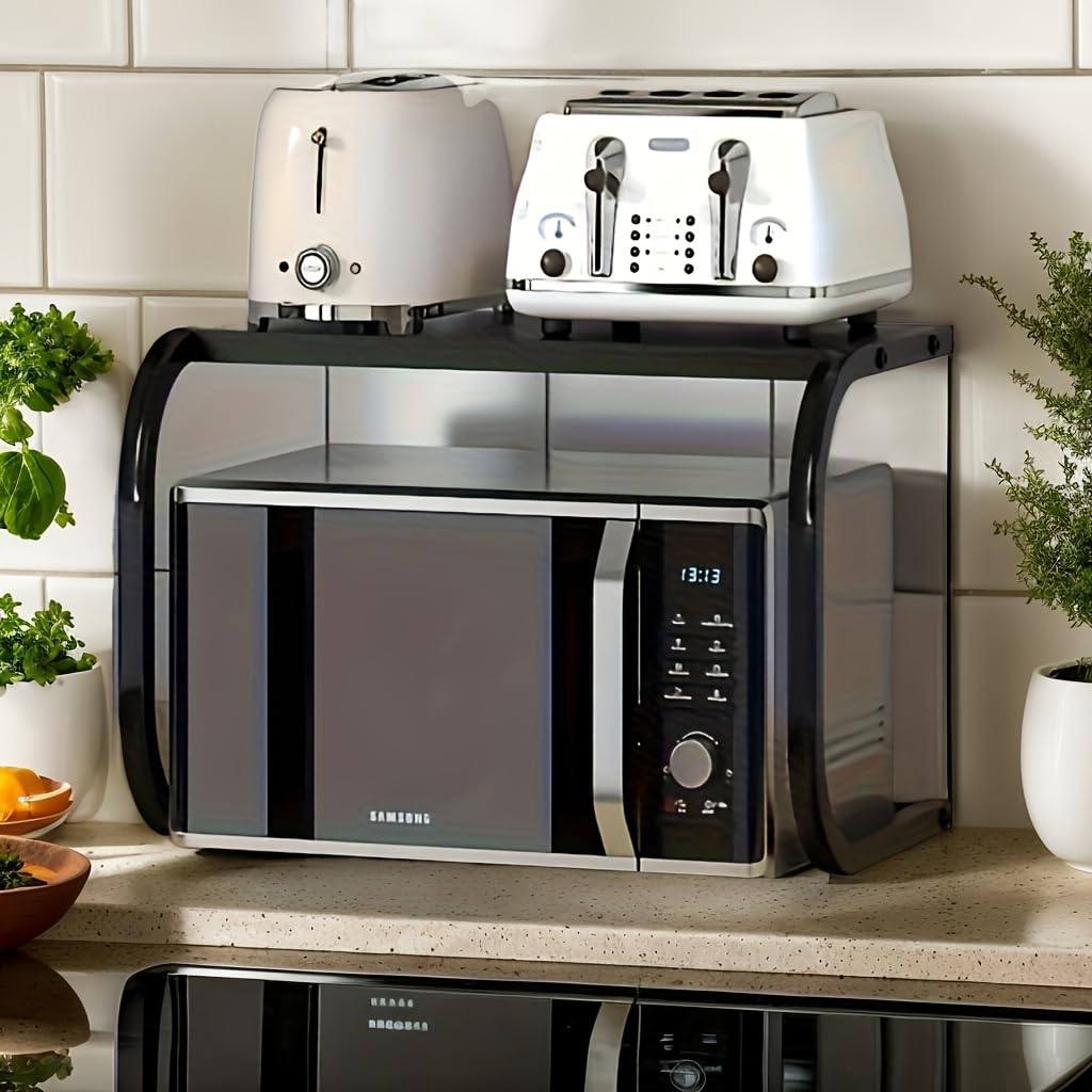 Support 2 niveaux pour four & micro-ondes – étagère de comptoir en métal robuste avec espace en L (noir)