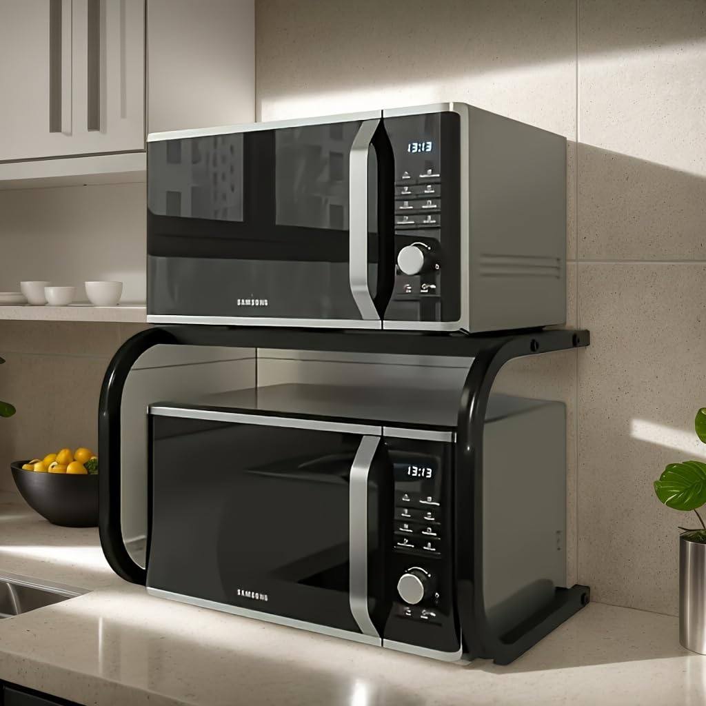Support 2 niveaux pour four & micro-ondes – étagère de comptoir en métal robuste avec espace en L (noir)