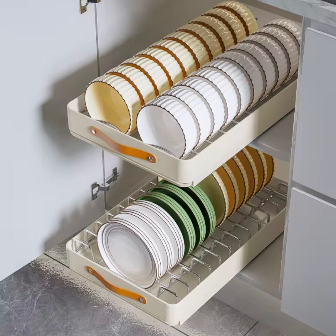 Organisateur de placard coulissant en inox – Égouttoir pratique et gain de place