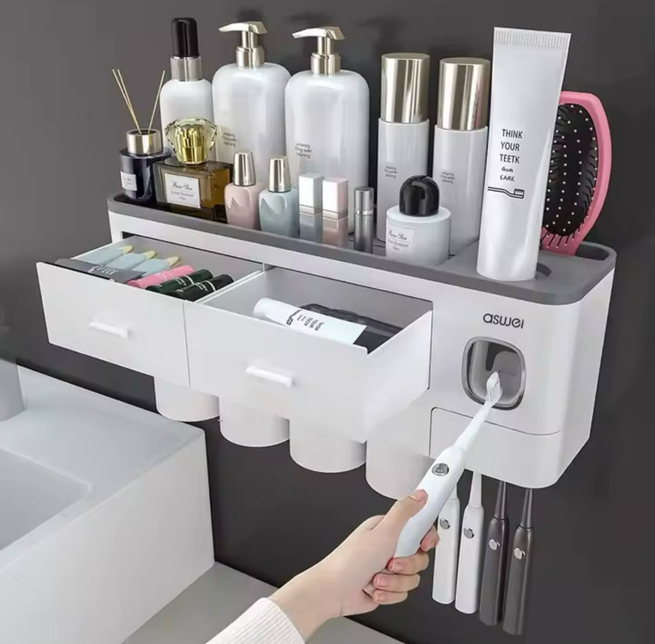 Porte-brosses à dents mural familial avec rangement et distributeur de dentifrice