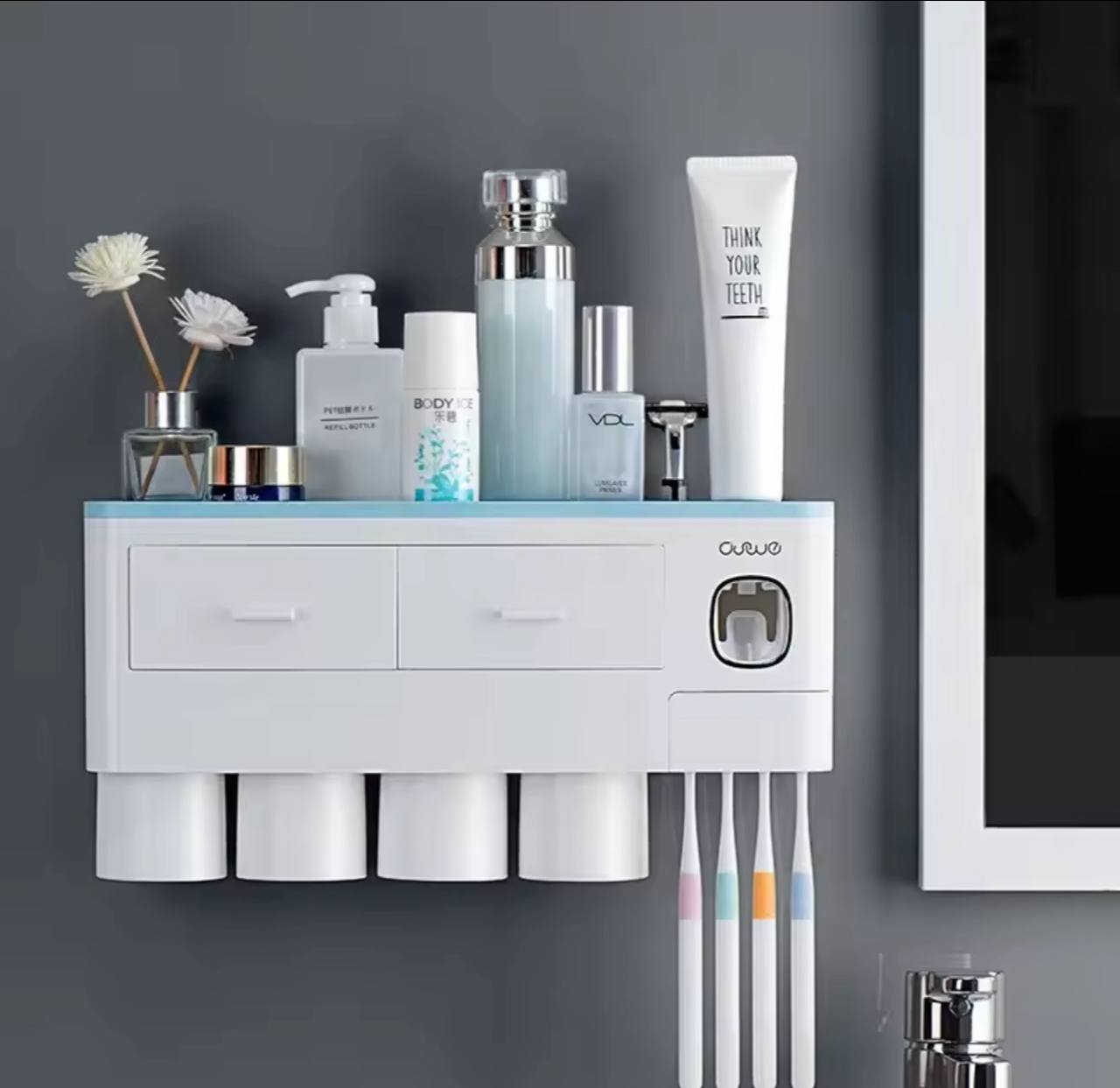 Porte-brosses à dents mural familial avec rangement et distributeur de dentifrice