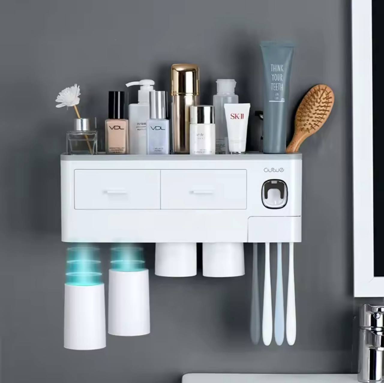 Porte-brosses à dents mural familial avec rangement et distributeur de dentifrice