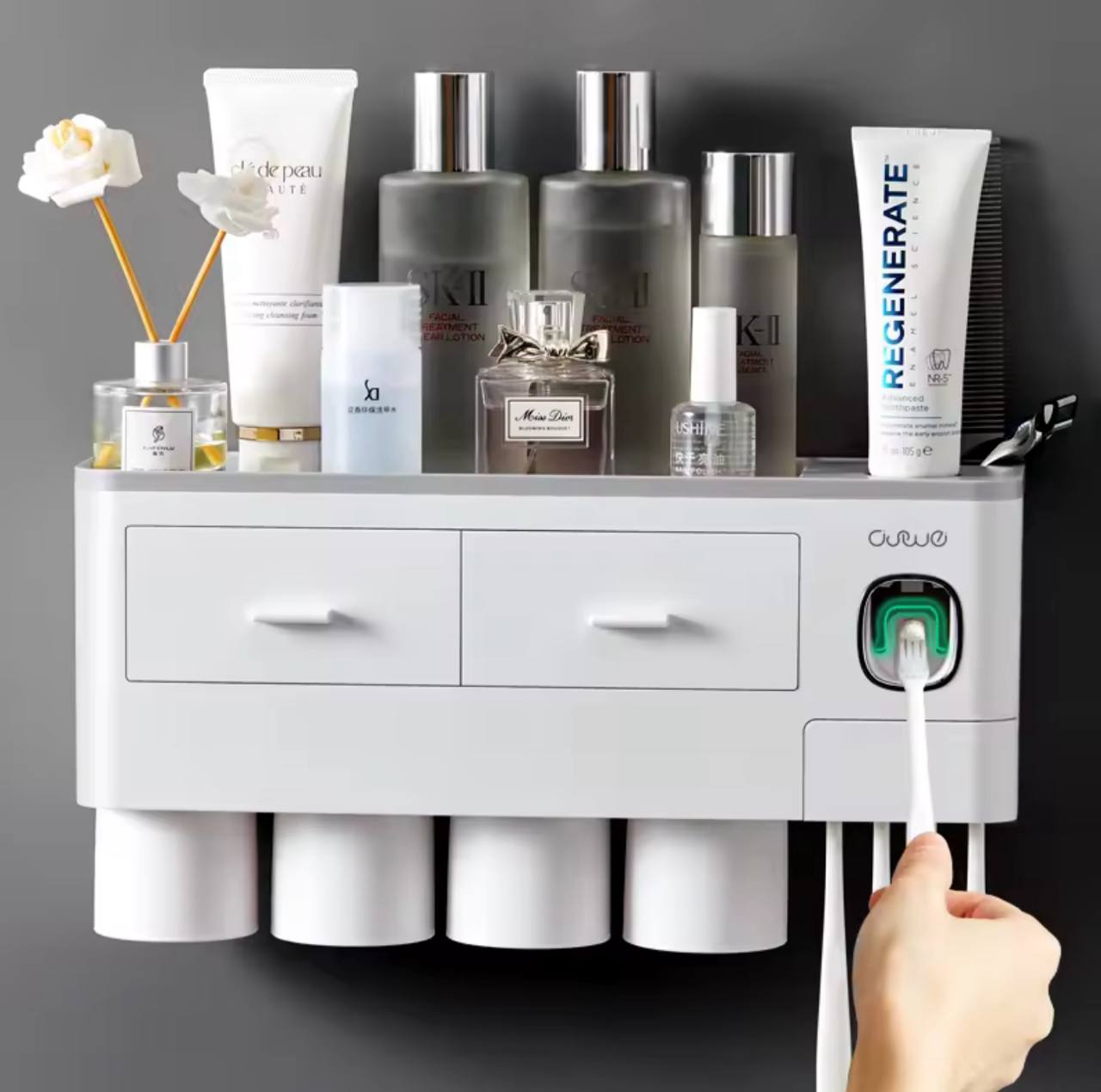Porte-brosses à dents mural familial avec rangement et distributeur de dentifrice