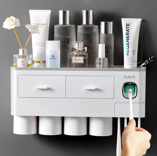 Porte-brosses à dents mural familial avec rangement et distributeur de dentifrice