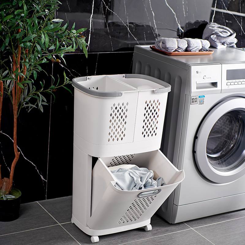 Panier à Linge 3 en 1 à Roulettes – 3 Bacs + Étagère (PP)