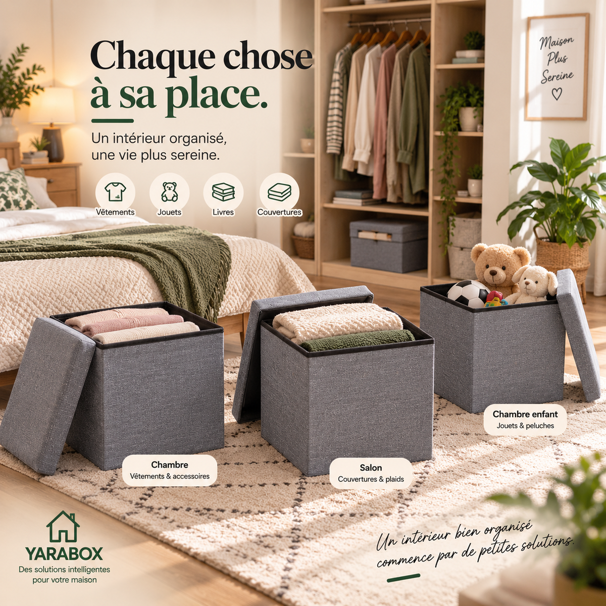 Pouf Coffre de Rangement Pliable – Gris