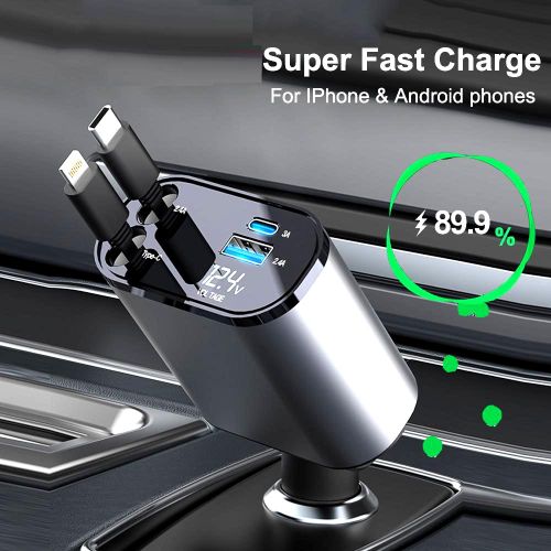 Chargeur Voiture Rétractable 4-en-1 120W – USB C, Micro USB, Double USB