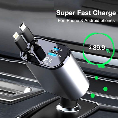 Chargeur de Voiture Rétractable 4-en-1  120W avec Câbles Lightning & USB-C
