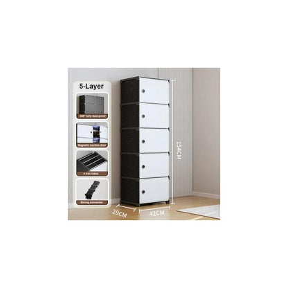 Armoire de rangement 5 tiroirs plastique noir et blanc, modulable et assemblable sans outils.