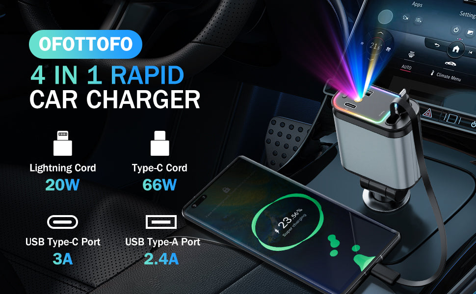 Chargeur Voiture Rétractable 4-en-1 – Puissance & Élégance en Mouvement