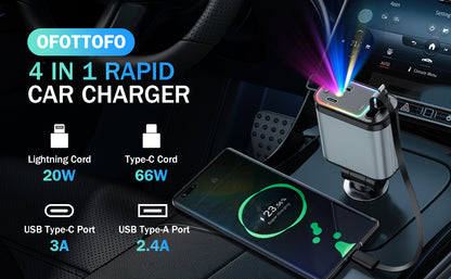 Chargeur Voiture Rétractable 4-en-1 – Puissance & Élégance en Mouvement