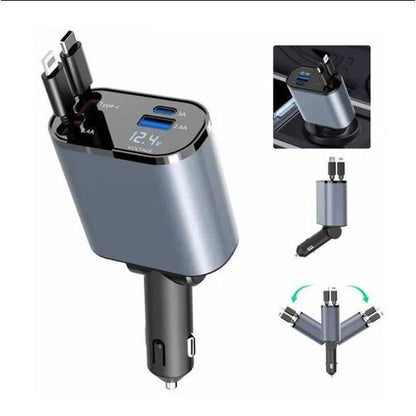 Chargeur de Voiture Rétractable 4-en-1  120W avec Câbles Lightning & USB-C