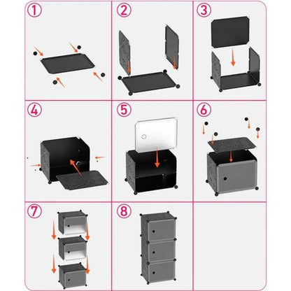 Armoire de rangement 5 tiroirs plastique noir et blanc, modulable et assemblable sans outils.
