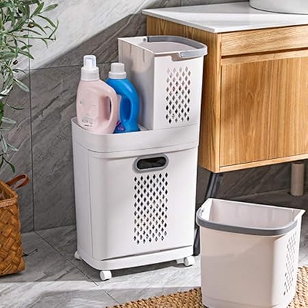 Panier à Linge 3 en 1 à Roulettes – 3 Bacs + Étagère (PP)