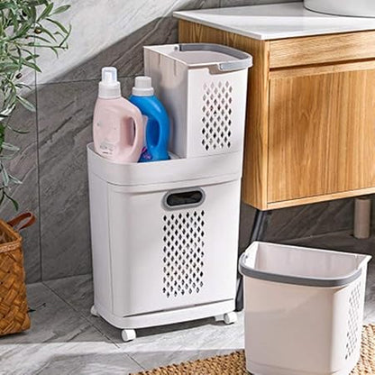 Panier à Linge 3 en 1 à Roulettes – 3 Bacs + Étagère (PP)