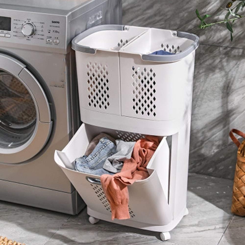 Panier à Linge 3 en 1 à Roulettes – 3 Bacs + Étagère (PP)
