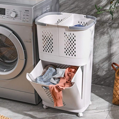 Panier à Linge 3 en 1 à Roulettes – 3 Bacs + Étagère (PP)