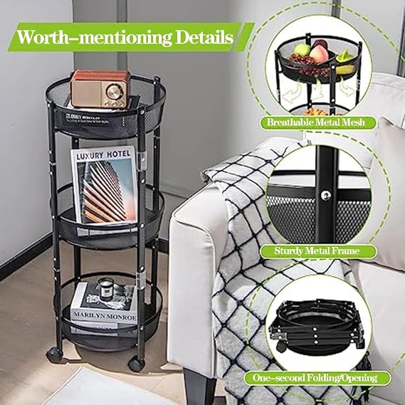 Chariot de Rangement Pliable 3 Niveaux – Gain de Place et Organisation Intelligente