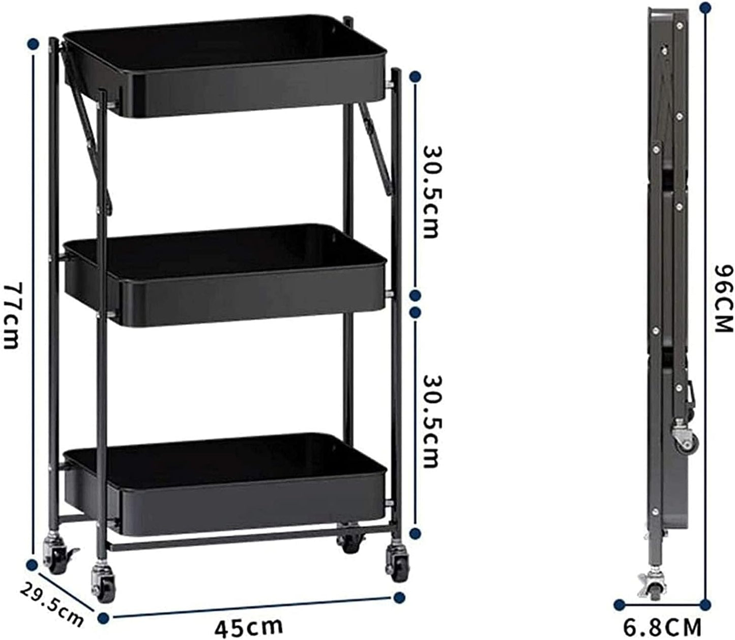 Chariot de Rangement Pliable 3 Niveaux avec Roulettes – Métal Noir Multifonction