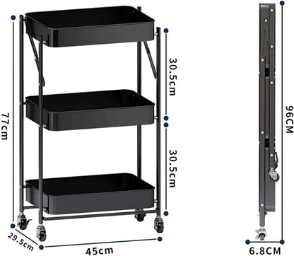 Chariot de Rangement Pliable 3 Niveaux avec Roulettes – Métal Noir Multifonction