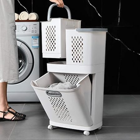 Panier à Linge 3 en 1 à Roulettes – 3 Bacs + Étagère (PP)