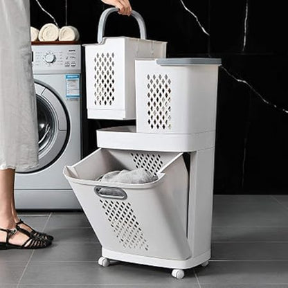 Panier à Linge 3 en 1 à Roulettes – 3 Bacs + Étagère (PP)