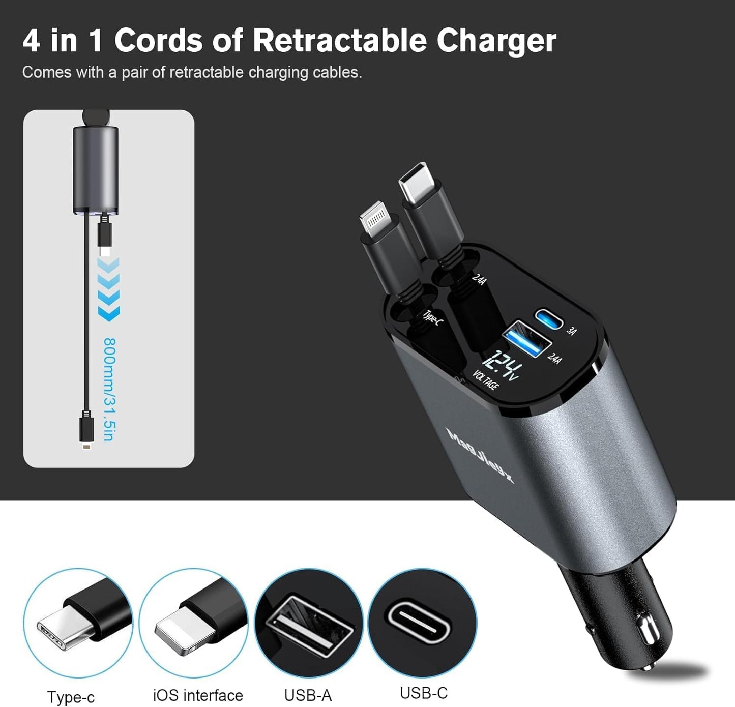 Chargeur de Voiture Rétractable 4-en-1  120W avec Câbles Lightning & USB-C