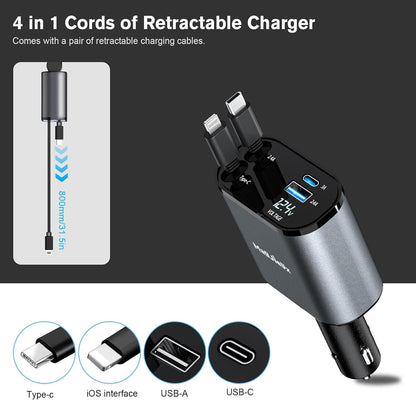 Chargeur de Voiture Rétractable 4-en-1  120W avec Câbles Lightning & USB-C