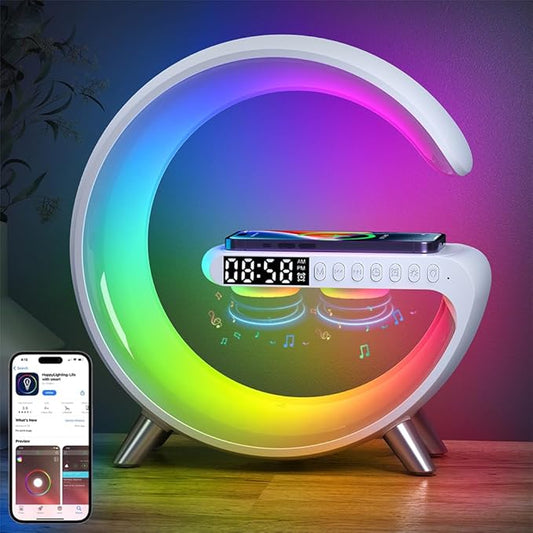 Lampe de Chevet Intelligente 5-en-1 avec Chargeur Sans Fil 15W et Enceinte Bluetooth