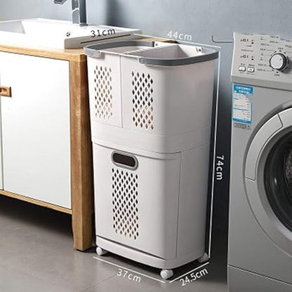 Panier à Linge 3 en 1 à Roulettes – 3 Bacs + Étagère (PP)