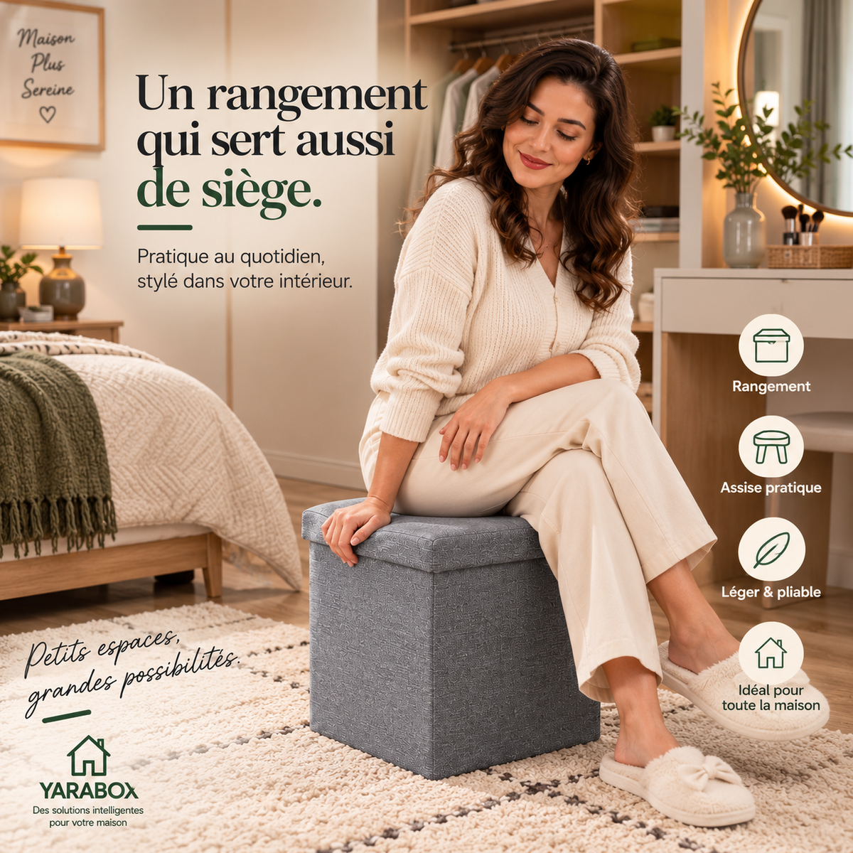 Pouf Coffre de Rangement Pliable – Gris