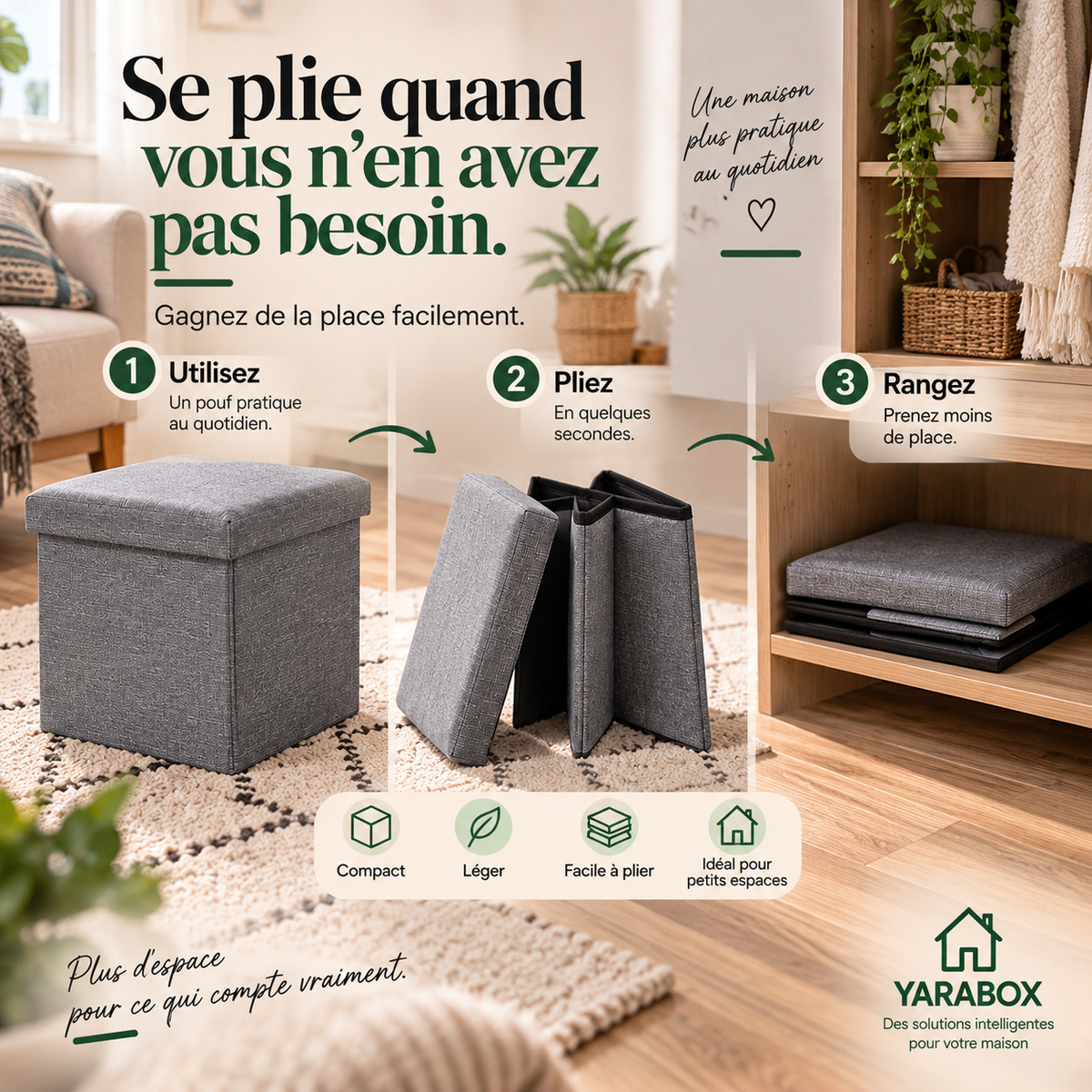 Pouf Coffre de Rangement Pliable – Gris