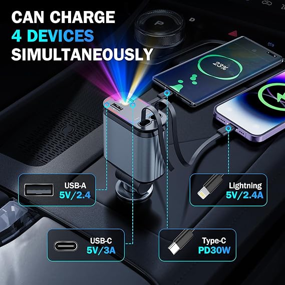 Chargeur Voiture Rétractable 4-en-1 – Puissance & Élégance en Mouvement