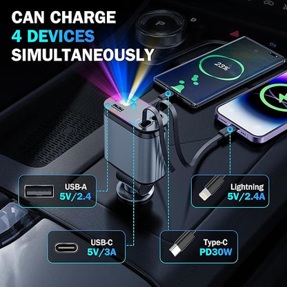 Chargeur Voiture Rétractable 4-en-1 – Puissance & Élégance en Mouvement