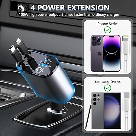 Chargeur de Voiture Rétractable 4-en-1  120W avec Câbles Lightning & USB-C