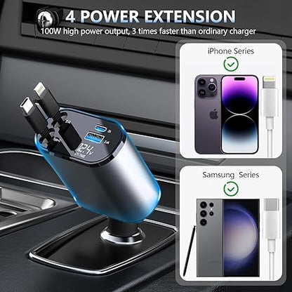 Chargeur de Voiture Rétractable 4-en-1  120W avec Câbles Lightning & USB-C