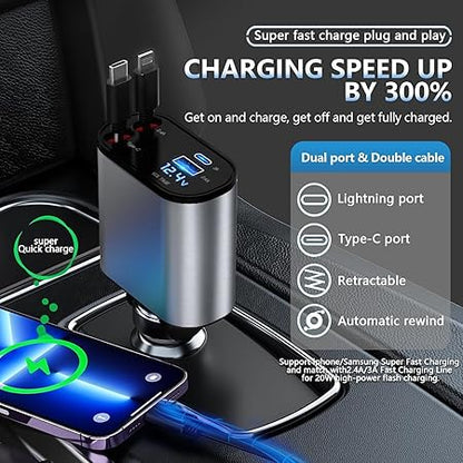 Chargeur de Voiture Rétractable 4-en-1  120W avec Câbles Lightning & USB-C