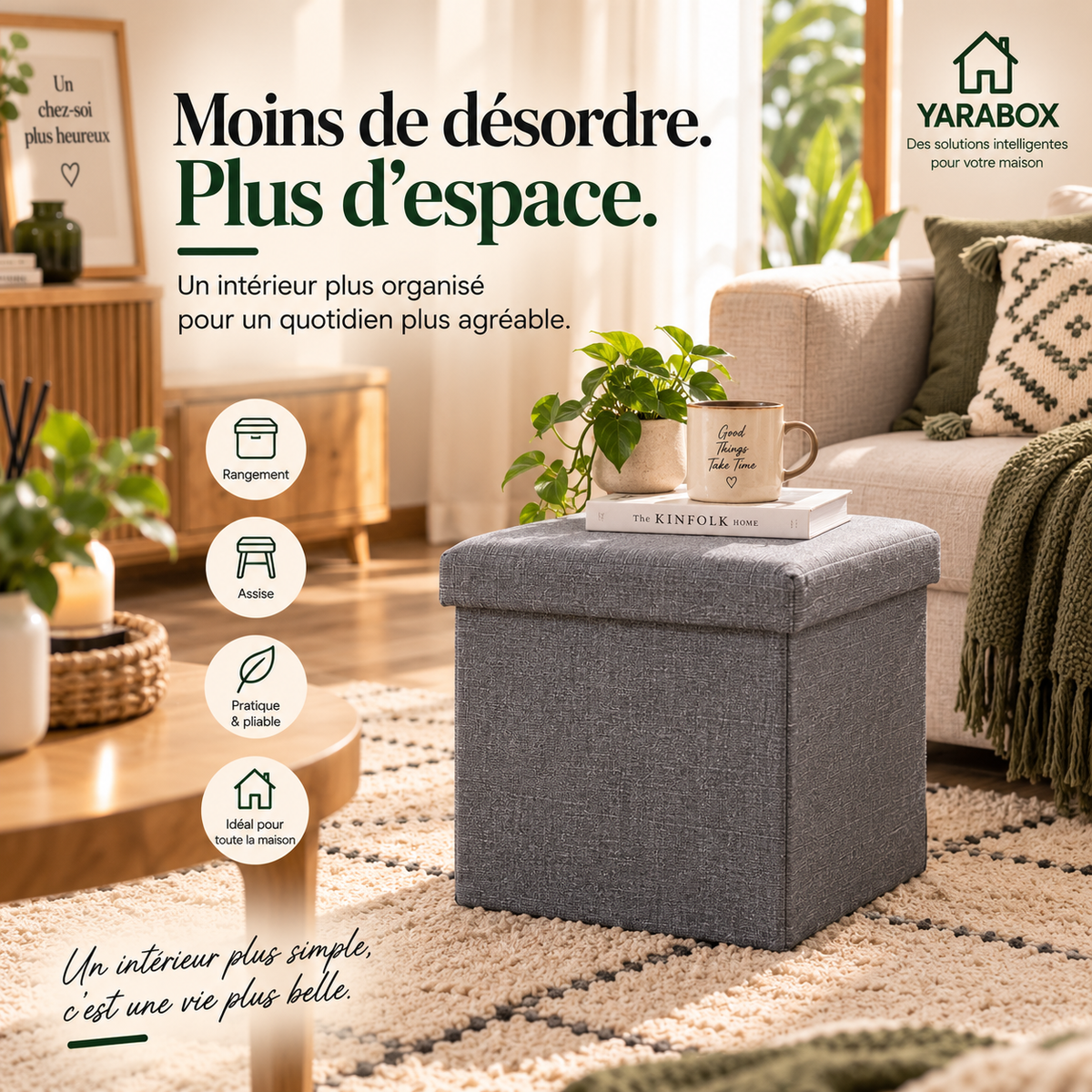 Pouf Coffre de Rangement Pliable – Gris