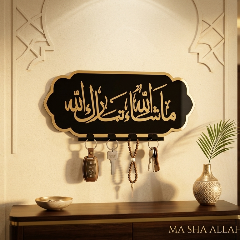 Porte-Clés Mural Islamique "Macha Allah Tabarak Allah" – Décoration Élégante Sans Perçage