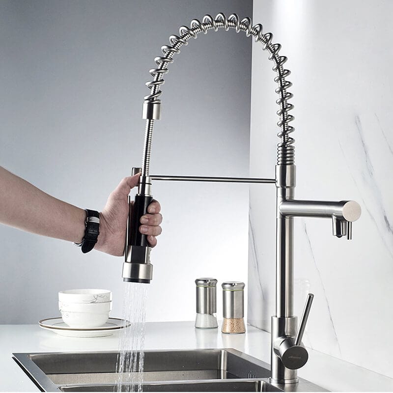 Mitigeur de cuisine professionnel en acier inoxydable avec double bec flexible
