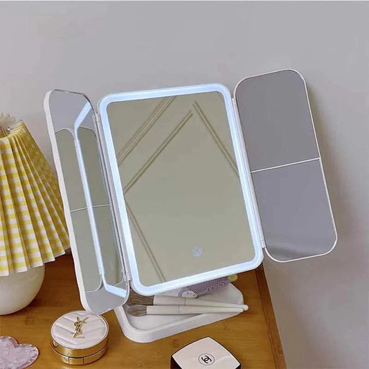 Miroir de maquillage trifold LED – Éclat & précision à chaque plan