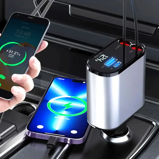 Chargeur de Voiture Rétractable 4-en-1  120W avec Câbles Lightning & USB-C